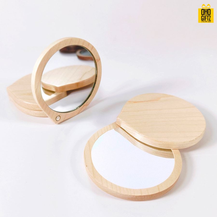 กระจกไม้พกพาขนาดเล็ก สกรีนชื่อ สกรีนโลโก้  ทำเป็นของพรีเมี่ยมได้