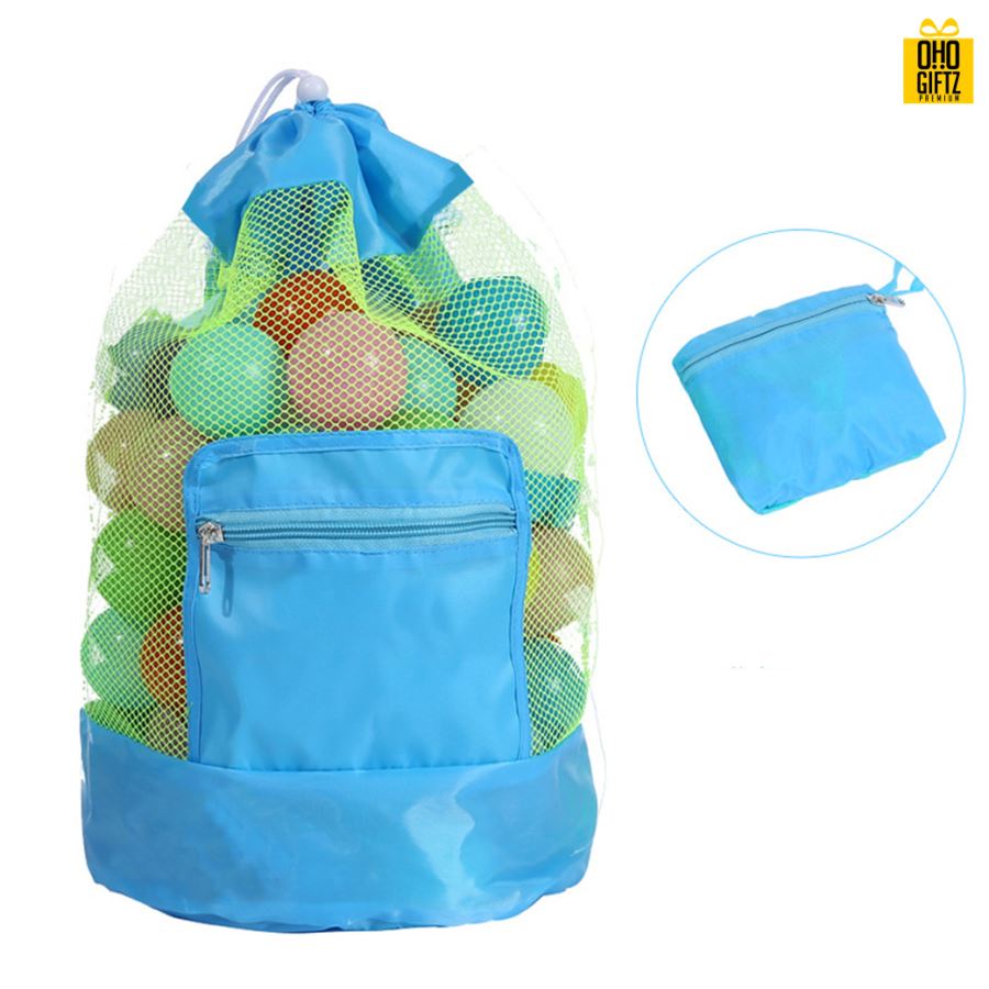 กระเป๋าสะพายหลังตาข่ายพับเก็บได้ สกรีนชื่อ สกรีนโลโก้  ทำเป็นของพรีเมี่ยมได้