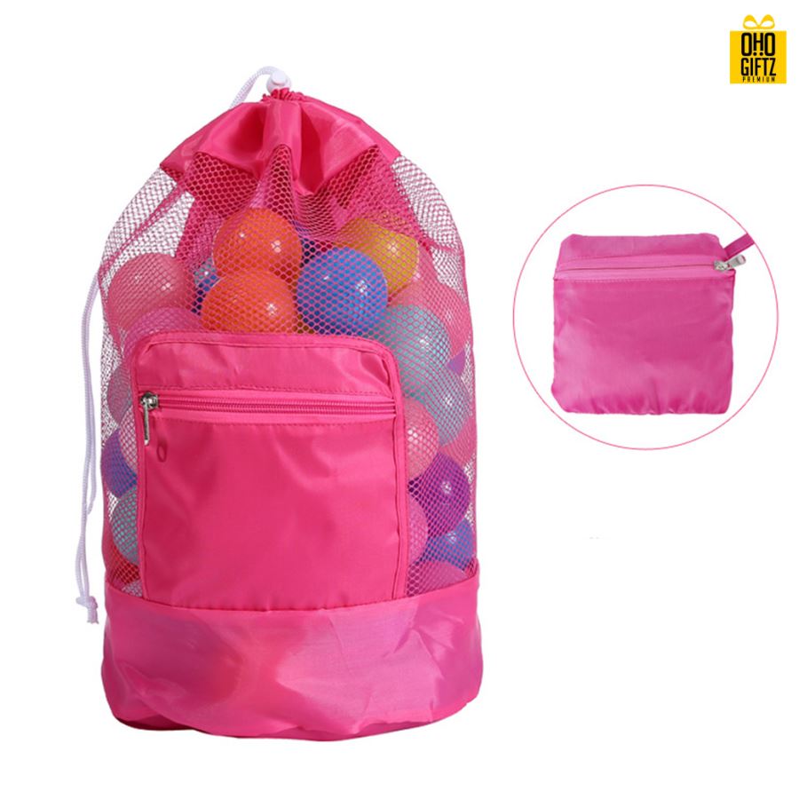 กระเป๋าสะพายหลังตาข่ายพับเก็บได้ สกรีนชื่อ สกรีนโลโก้  ทำเป็นของพรีเมี่ยมได้