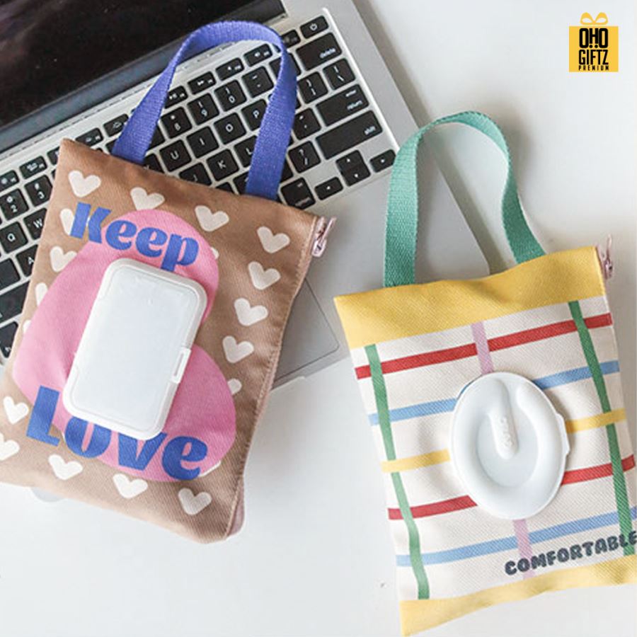 กระเป๋าผ้าใส่กล่องทิชชู่เปียกแบบแขวน น่ารัก สกรีนโลโก้ ทำเป็นของพรีเมี่ยมได้