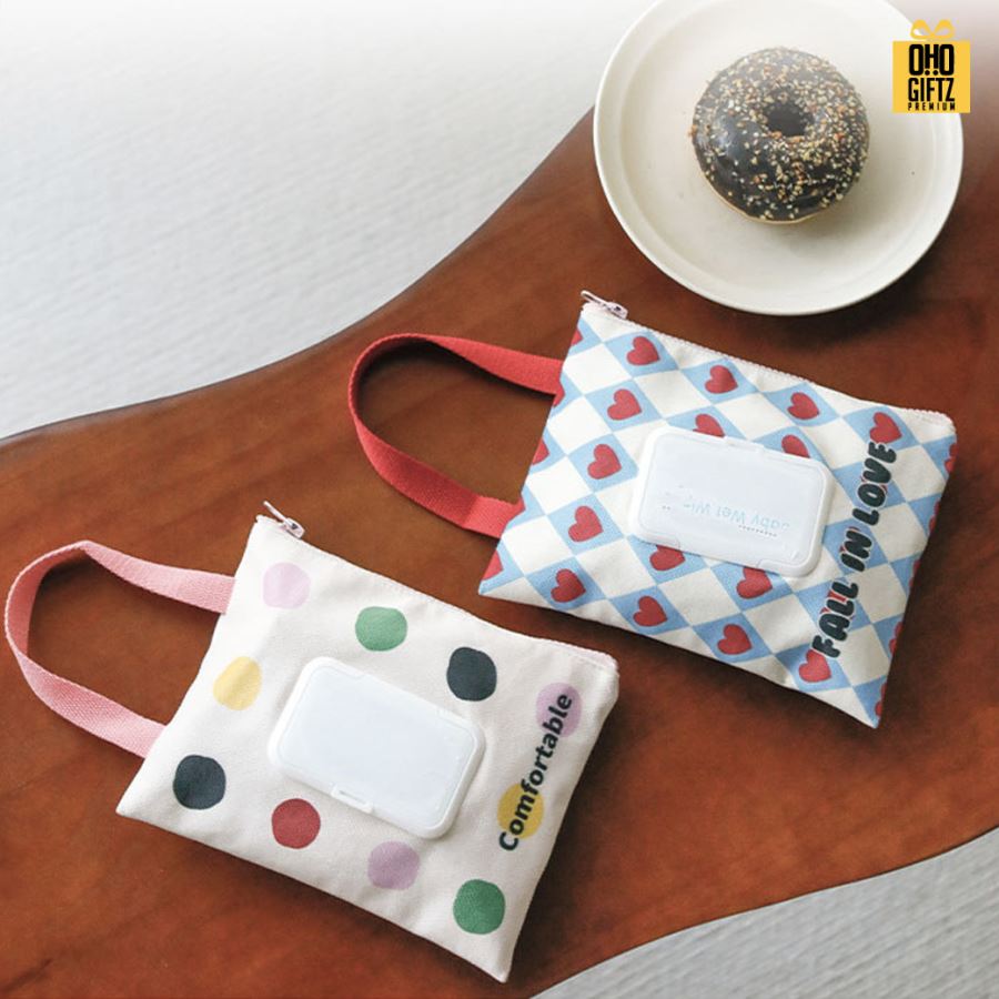 กระเป๋าผ้าใส่กล่องทิชชู่เปียกแบบแขวน น่ารัก สกรีนโลโก้ ทำเป็นของพรีเมี่ยมได้