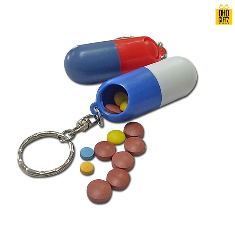 พวงกุญแจใส่ยาทรงแคปซูล สกรีนชื่อ สกรีนโลโก้ ทำเป็นของพรีเมี่ยมได้