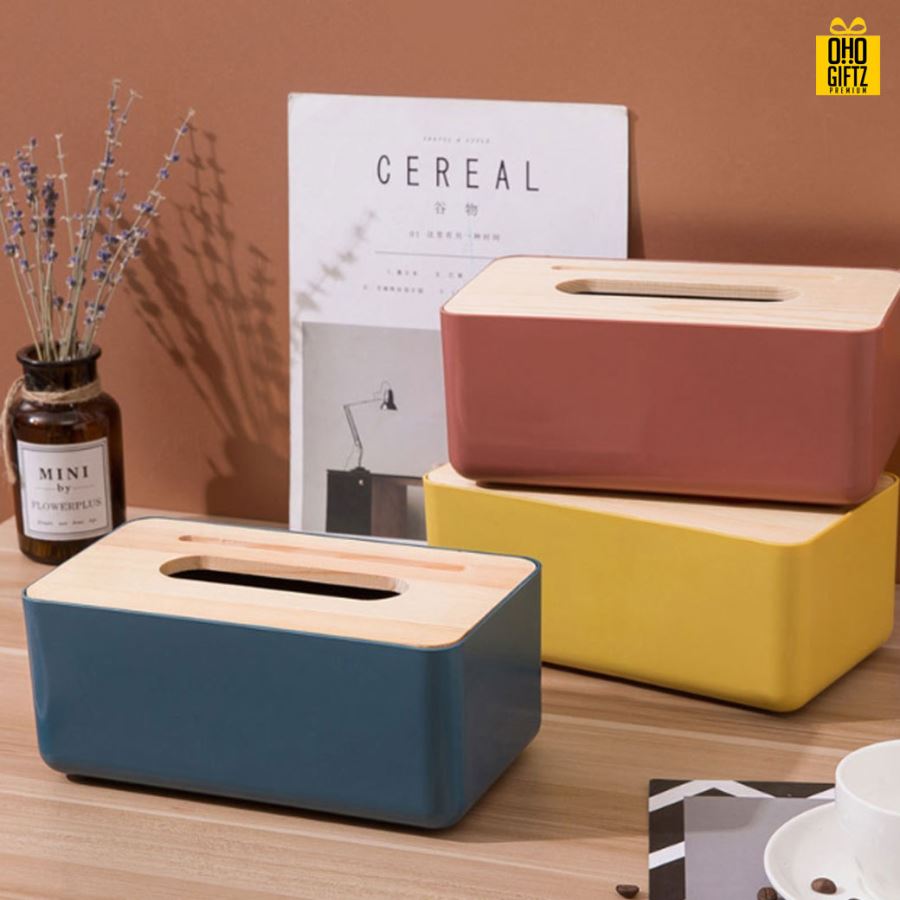 กล่องใส่ทิชชู่ฝาปิดไม้ สกรีนโลโก้ ทำเป็นของพรีเมี่ยม ของชำร่วยได้