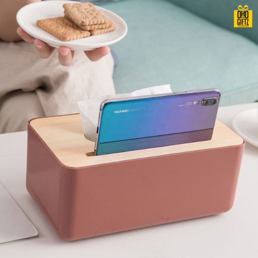 กล่องใส่ทิชชู่ฝาปิดไม้ สกรีนโลโก้ ทำเป็นของพรีเมี่ยม ของชำร่วยได้