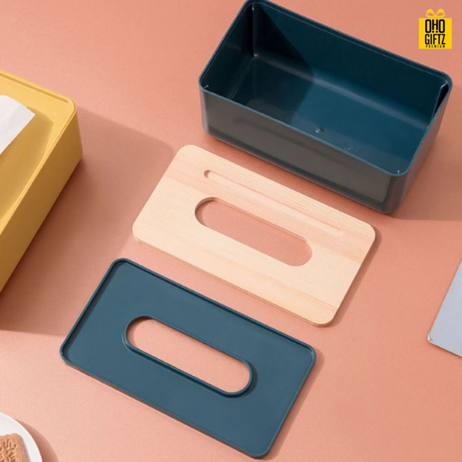 กล่องใส่ทิชชู่ฝาปิดไม้ สกรีนโลโก้ ทำเป็นของพรีเมี่ยม ของชำร่วยได้