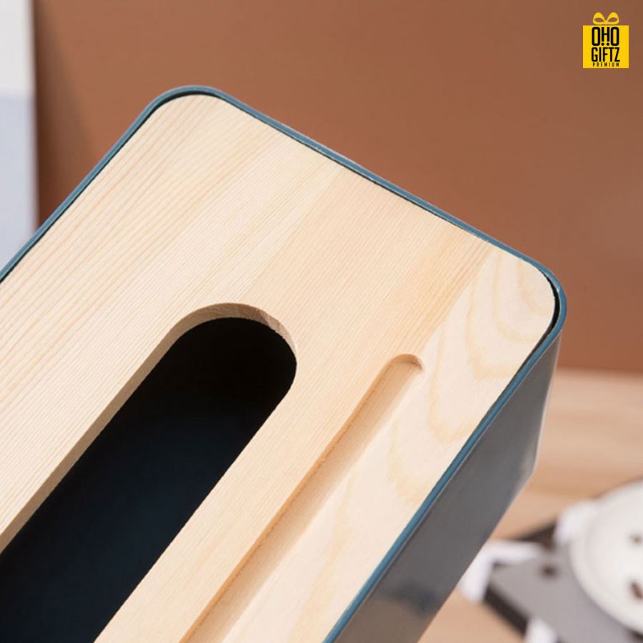 กล่องใส่ทิชชู่ฝาปิดไม้ สกรีนโลโก้ ทำเป็นของพรีเมี่ยม ของชำร่วยได้