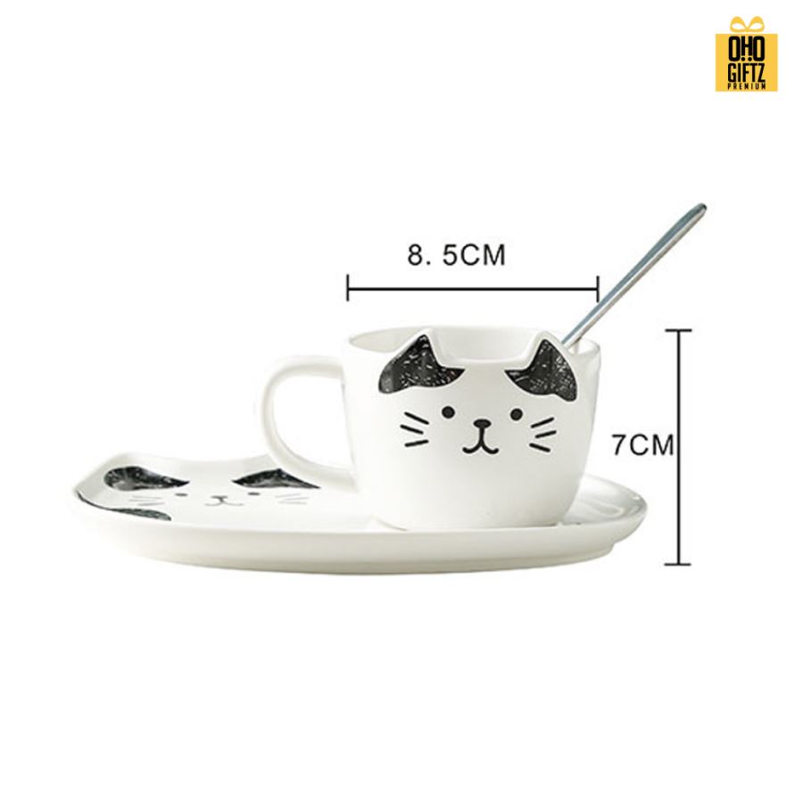 ชุดถ้วยชากาแฟแมวเมี๊ยวพร้อมจานรอง สกรีนชื่อ สกรีนโลโก้ ทำเป็นของพรีเมี่ยมได้