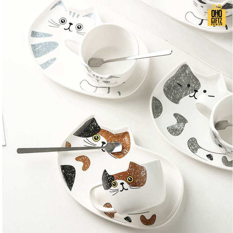 ชุดถ้วยชากาแฟแมวเมี๊ยวพร้อมจานรอง สกรีนชื่อ สกรีนโลโก้ ทำเป็นของพรีเมี่ยมได้