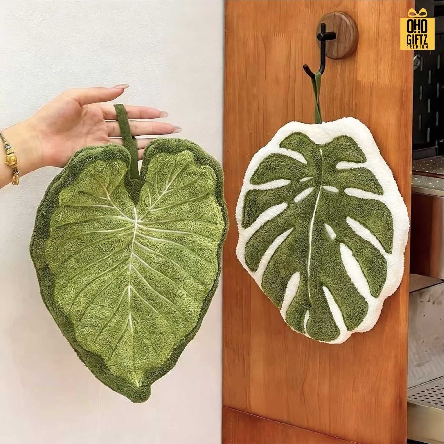 ผ้าเช็ดมือขนกำมะหยี่ทรงใบไม้ สกรีนโลโก้ ติดลาเบล ทำเป็นของพรีเมี่ยมได้