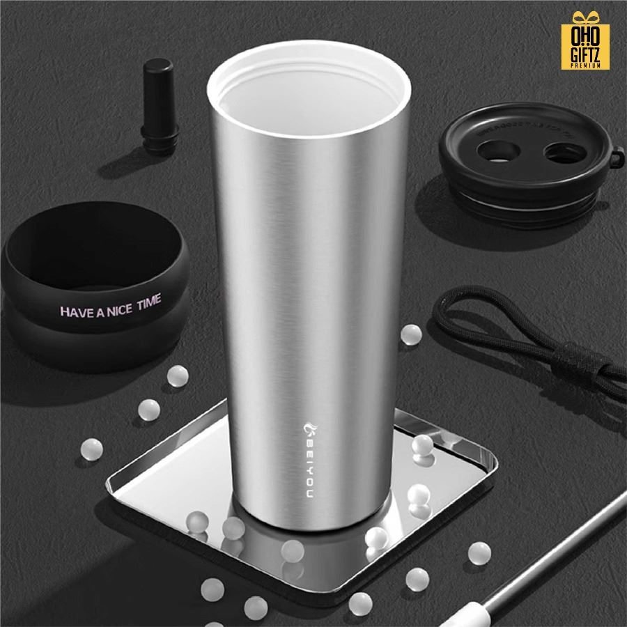 แก้วสแตนเลสทรงสูงมีสายคล้องมือ สกรีนโลโก้ ทำเป็นของพรีเมี่ยมได้