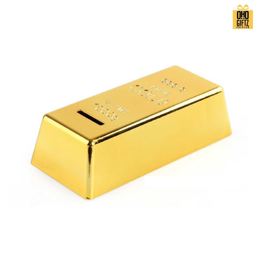 กระปุกออมสินทองแท่ง พลาสติก สกรีนโลโก้ ทำเป็นของพรีเมี่ยม ของชำร่วยได้