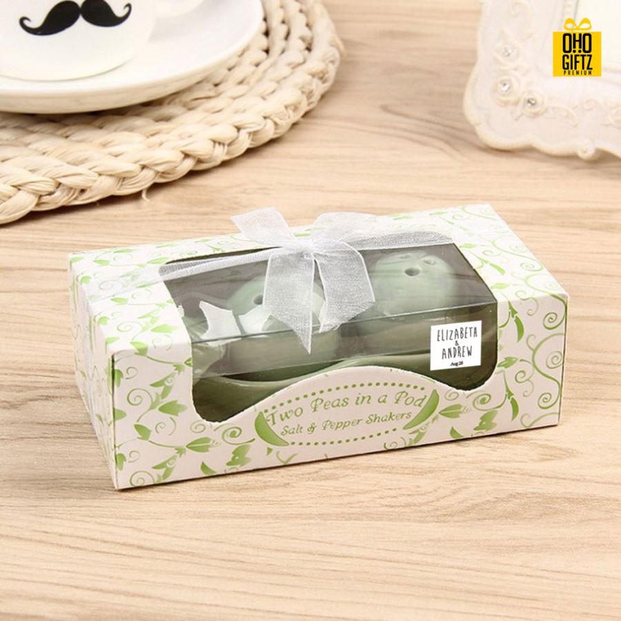 ที่ใส่เครื่องปรุงรูปถั่วเขียว พิมพ์สติกเกอร์ชื่อฟรี ทำเป็นของพรีเมี่ยม ของชำร่วยงานเเต่งงานได้