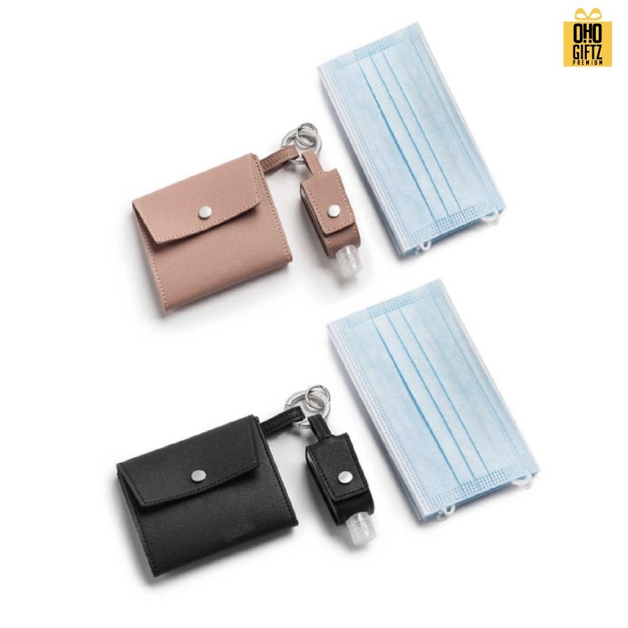 ซองหนัง PU เก็บหน้ากากอนามัยและปลอกขวดเจลแอลกอฮอล์ สกรีนชื่อ สกรีนโลโก้ ทำเป็นของพรีเมี่ยมได้ 