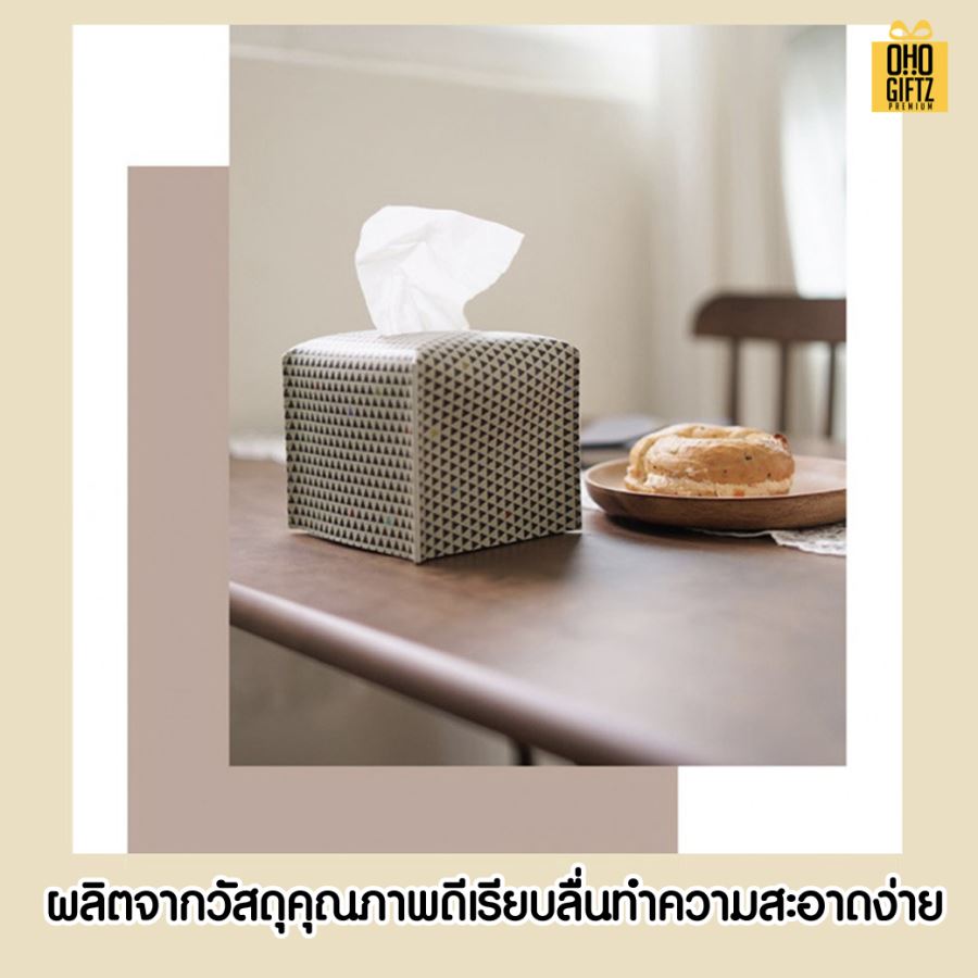 กล่องกระดาษทิชชูหนัง PU สกรีนโลโก้ ทำเป็นของพรีเมี่ยม ของชำร่วยได้