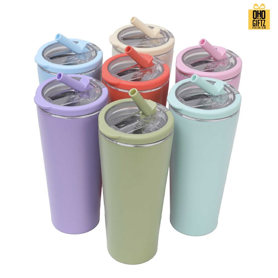 แก้วสแตนเลสทรงสูง พร้อมหลอดดูดในตัว สกรีนโลโก้ ทำเป็นของพรีเมี่ยมได้