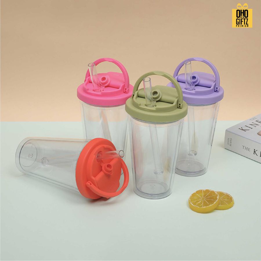 แก้วพลาสติกทรงกรวย 16oz พร้อมหลอดดูดในตัว สกรีนโลโก้ ทำเป็นของพรีเมี่ยมได้