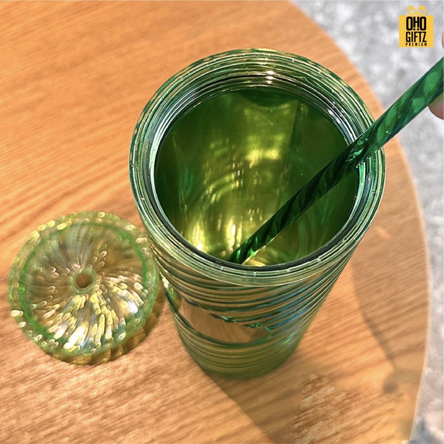 กระบอกน้ำพลาสติก 2 ชั้น พร้อมหลอด สกรีนโลโก้ ทำเป็นของพรีเมี่ยมได้