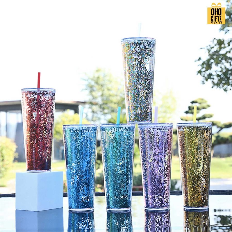 แก้วน้ำพลาสติก 2 ชั้น กากเพชร สกรีนโลโก้ ทำเป็นของพรีเมี่ยมได้