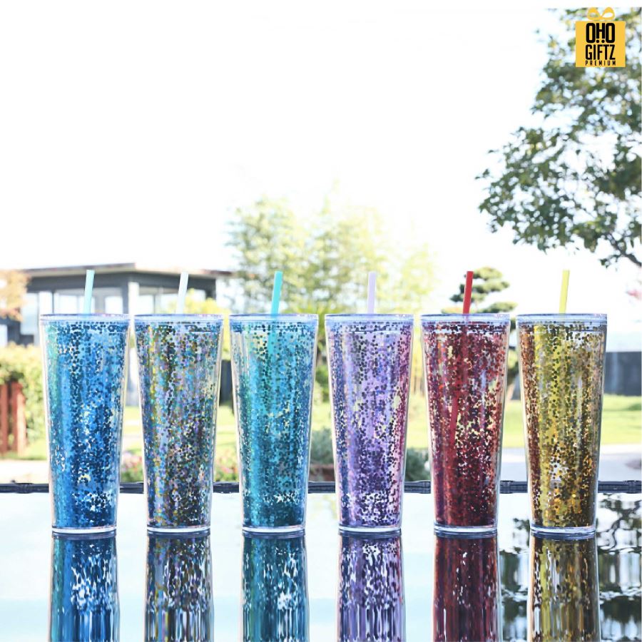 แก้วน้ำพลาสติก 2 ชั้น กากเพชร สกรีนโลโก้ ทำเป็นของพรีเมี่ยมได้