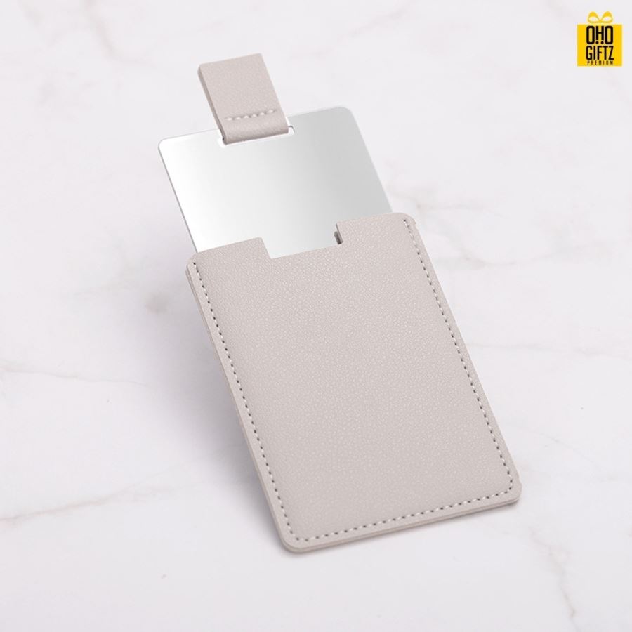 กระจกพกพาพร้อมซองหนัง สกรีนชื่อ สกรีนโลโก้  ทำเป็นของพรีเมี่ยมได้