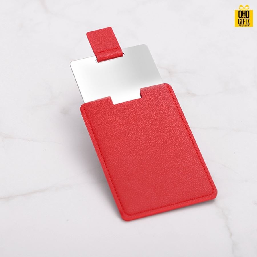 กระจกพกพาพร้อมซองหนัง สกรีนชื่อ สกรีนโลโก้  ทำเป็นของพรีเมี่ยมได้