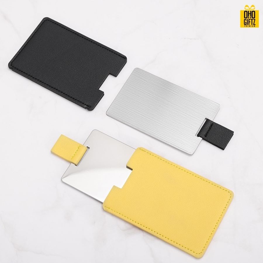 กระจกพกพาพร้อมซองหนัง สกรีนชื่อ สกรีนโลโก้  ทำเป็นของพรีเมี่ยมได้