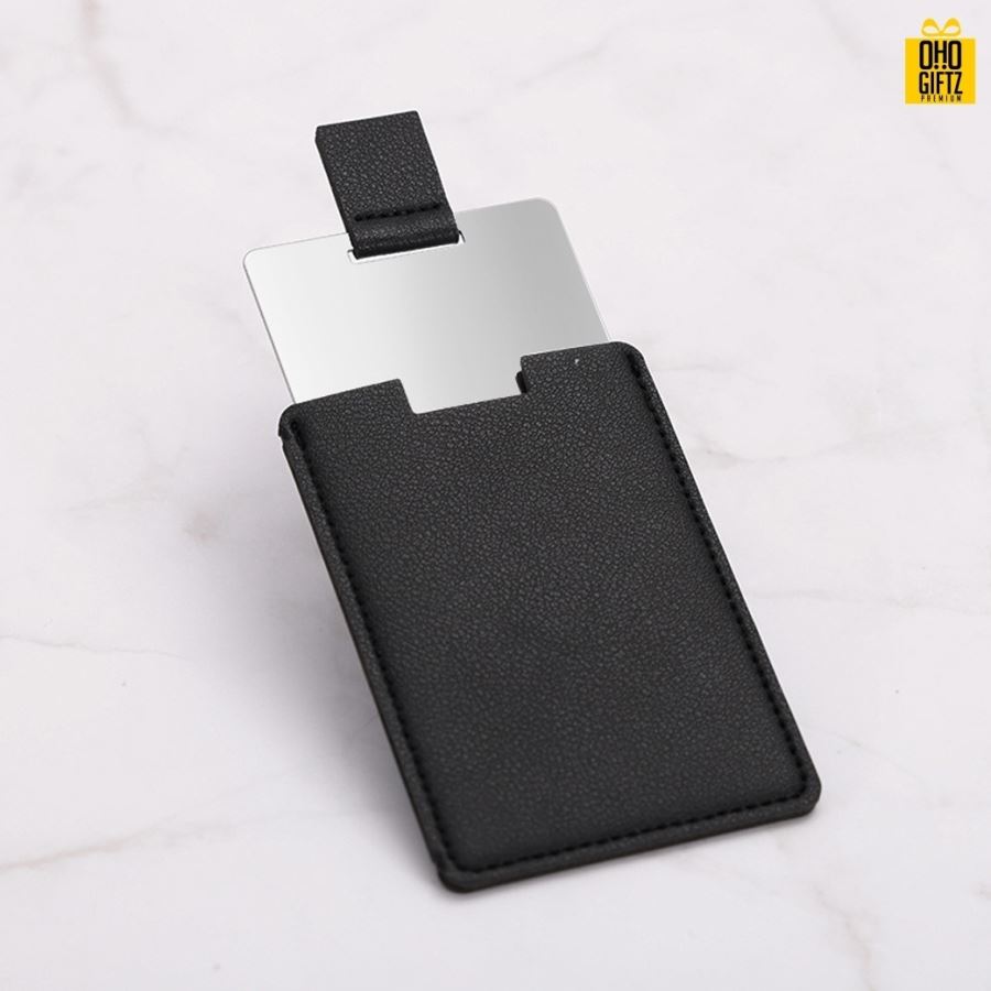 กระจกพกพาพร้อมซองหนัง สกรีนชื่อ สกรีนโลโก้  ทำเป็นของพรีเมี่ยมได้