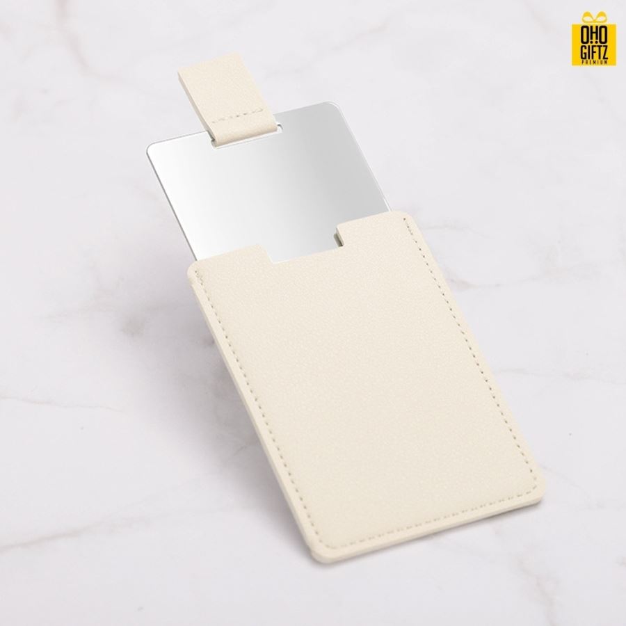 กระจกพกพาพร้อมซองหนัง สกรีนชื่อ สกรีนโลโก้  ทำเป็นของพรีเมี่ยมได้