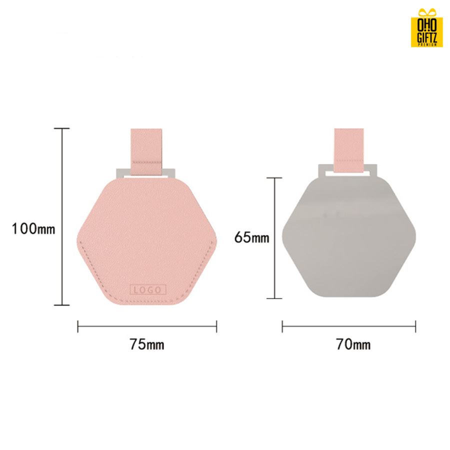 กระจกหกเหลี่ยมพร้อมซองหนัง สกรีนชื่อ สกรีนโลโก้  ทำเป็นของพรีเมี่ยมได้