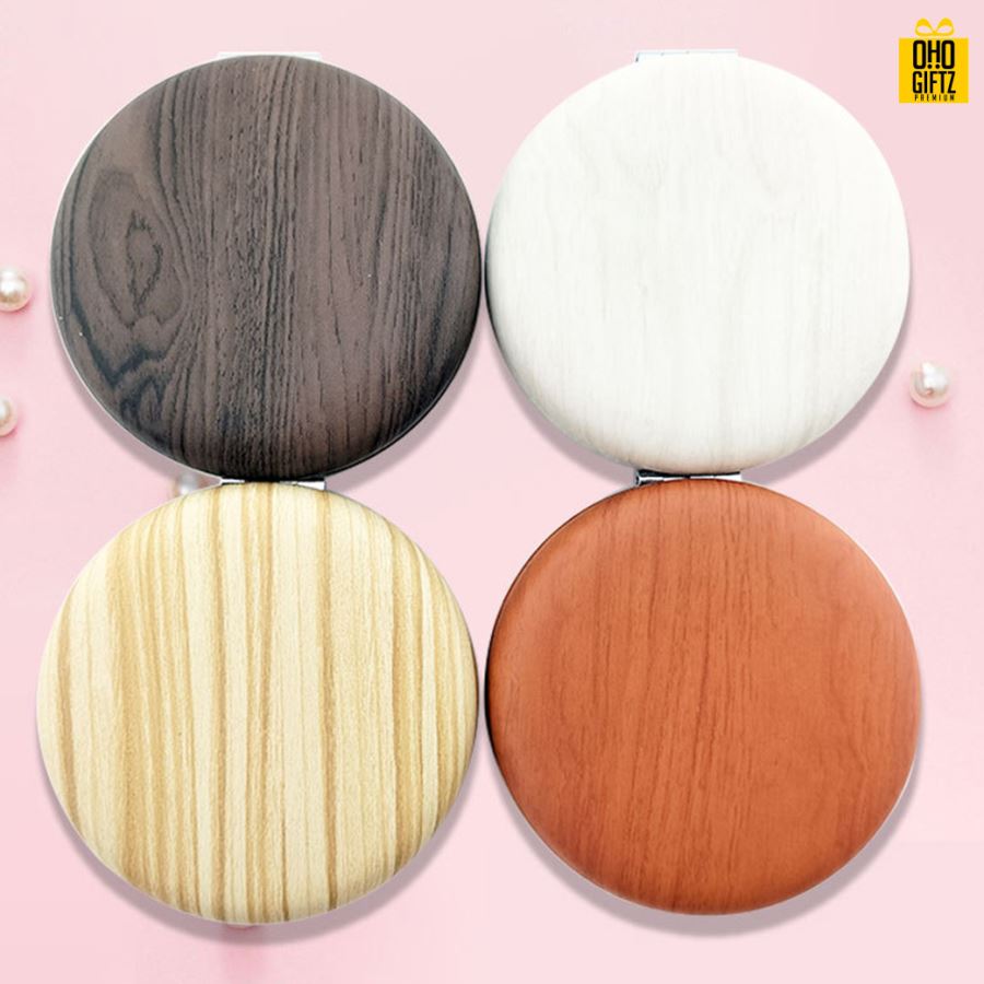 กระจกพับสองด้านลายไม้ สกรีนชื่อ สกรีนโลโก้  ทำเป็นของพรีเมี่ยมได้