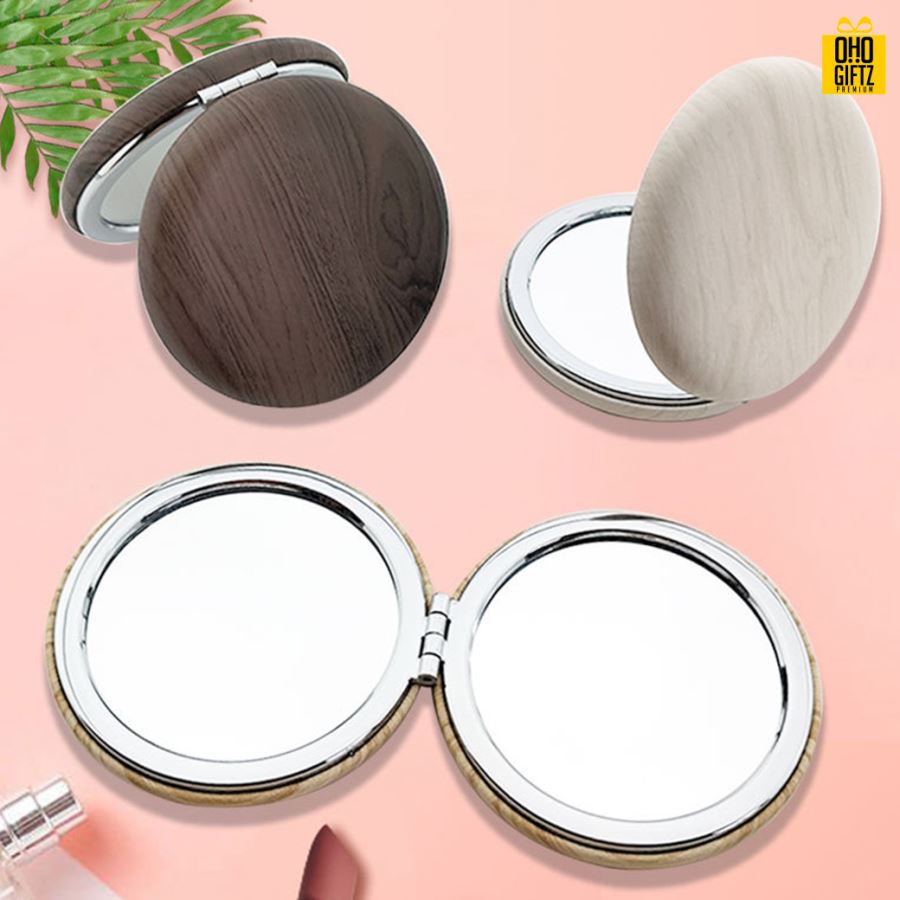 กระจกพับสองด้านลายไม้ สกรีนชื่อ สกรีนโลโก้  ทำเป็นของพรีเมี่ยมได้