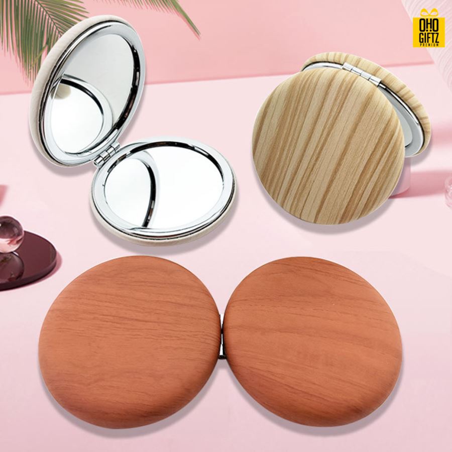 กระจกพับสองด้านลายไม้ สกรีนชื่อ สกรีนโลโก้  ทำเป็นของพรีเมี่ยมได้