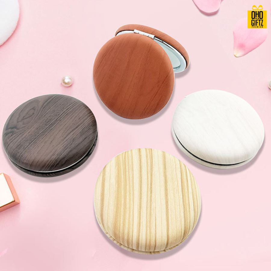 กระจกพับสองด้านลายไม้ สกรีนชื่อ สกรีนโลโก้  ทำเป็นของพรีเมี่ยมได้