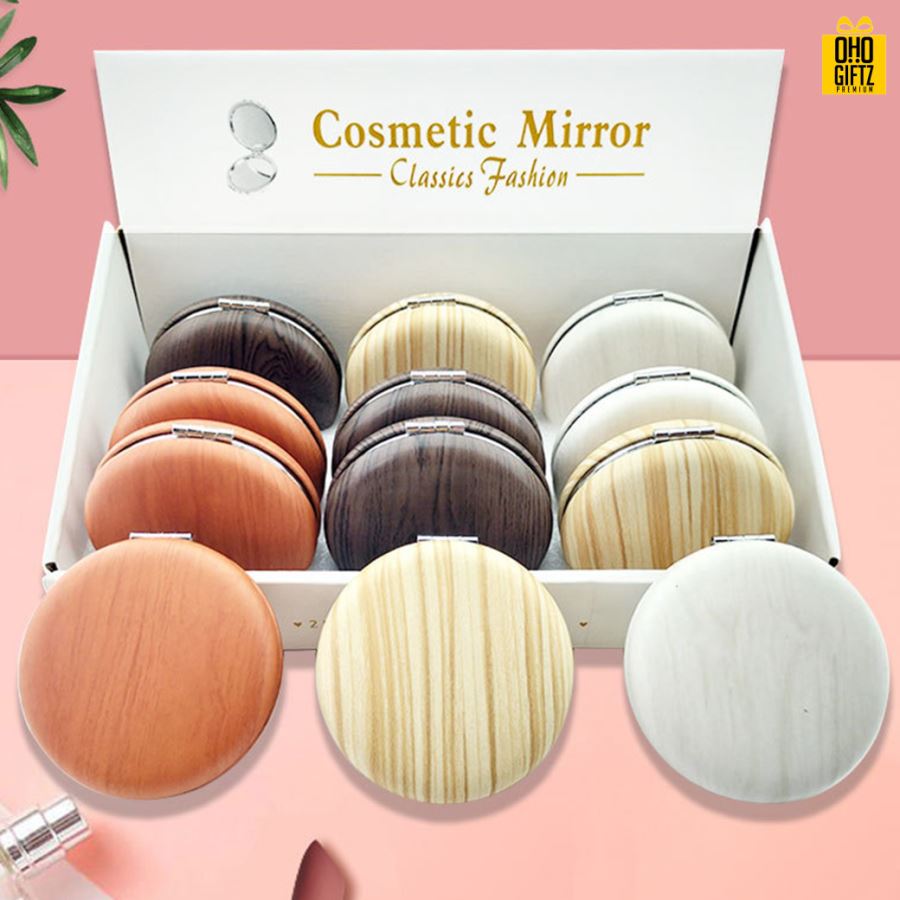 กระจกพับสองด้านลายไม้ สกรีนชื่อ สกรีนโลโก้  ทำเป็นของพรีเมี่ยมได้