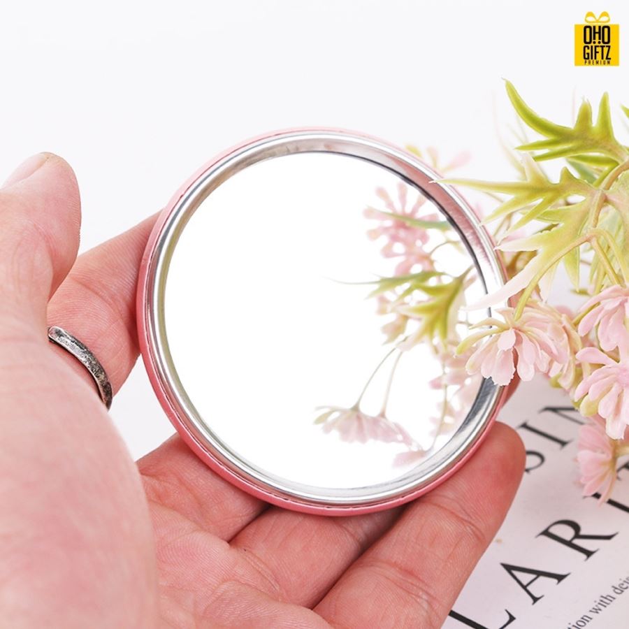 กระจกส่องหน้าทรงกลม สกรีนชื่อ สกรีนโลโก้  ทำเป็นของพรีเมี่ยมได้