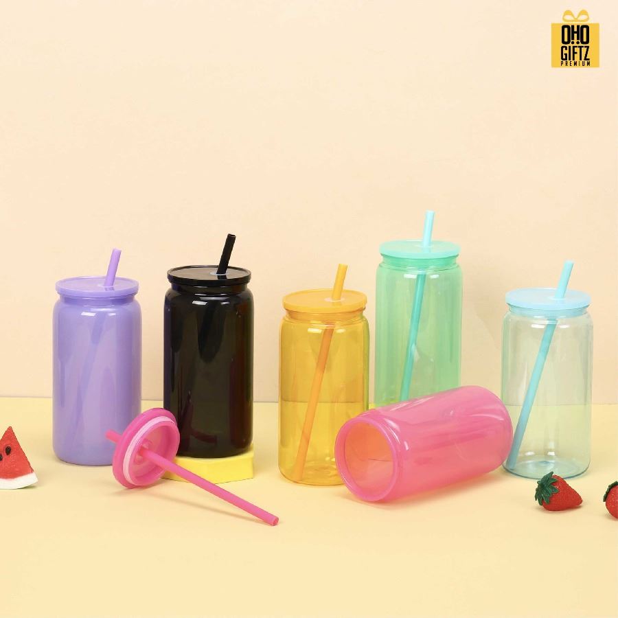 ถ้วยน้ำพลาสติก สีสวย พร้อมหลอด สกรีนโลโก้ ทำเป็นของพรีเมี่ยมได้