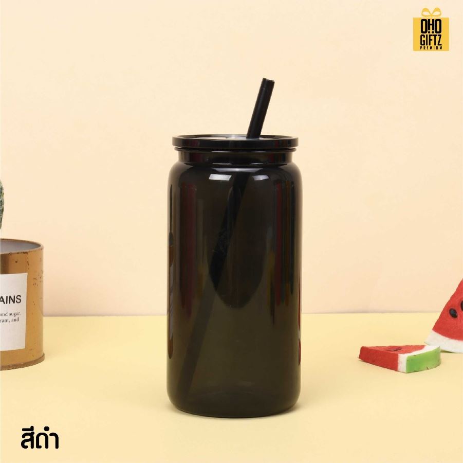 ถ้วยน้ำพลาสติก สีสวย พร้อมหลอด สกรีนโลโก้ ทำเป็นของพรีเมี่ยมได้