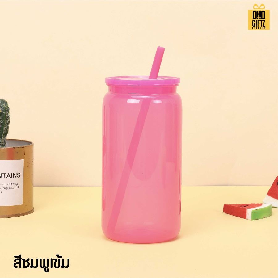 ถ้วยน้ำพลาสติก สีสวย พร้อมหลอด สกรีนโลโก้ ทำเป็นของพรีเมี่ยมได้