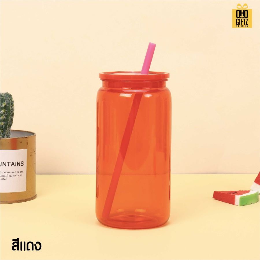 ถ้วยน้ำพลาสติก สีสวย พร้อมหลอด สกรีนโลโก้ ทำเป็นของพรีเมี่ยมได้