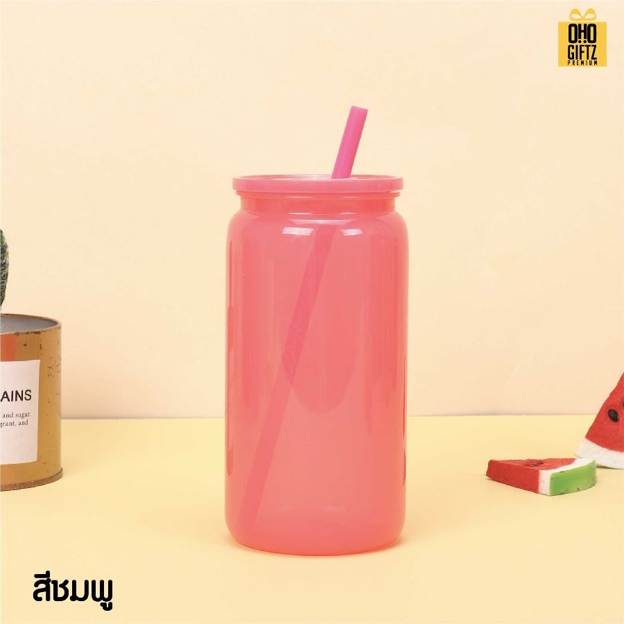 ถ้วยน้ำพลาสติก สีสวย พร้อมหลอด สกรีนโลโก้ ทำเป็นของพรีเมี่ยมได้