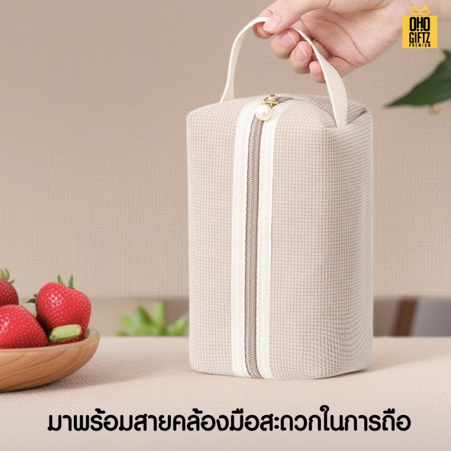 กระเป๋าเครื่องสำอางผ้าลูกฟูก สกรีนโลโก้  ทำเป็นของพรีเมี่ยมได้