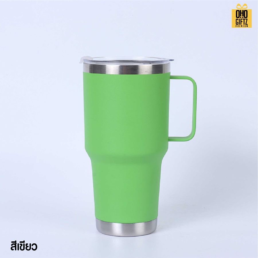 แก้วสแตนเลสเก็บความเย็นมีหู สกรีนโลโก้ ทำเป็นของพรีเมี่ยมได้