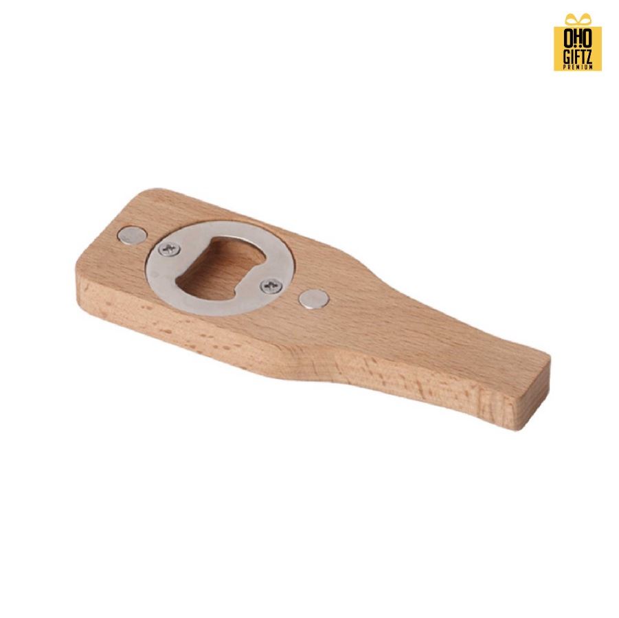 ที่เปิดขวดไม้แม่เหล็กติดตู้เย็นทรงขวด สกรีนโลโก้ ทำเป็นของพรีเมี่ยมได้