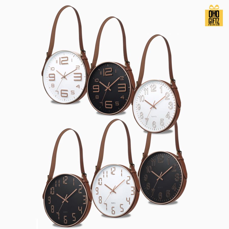 นาฬิกาแขวน แบบมีสายเข็มขัดหนัง สกรีนชื่อ สกรีนโลโก้ ทำเป็นของพรีเมี่ยมได้ 