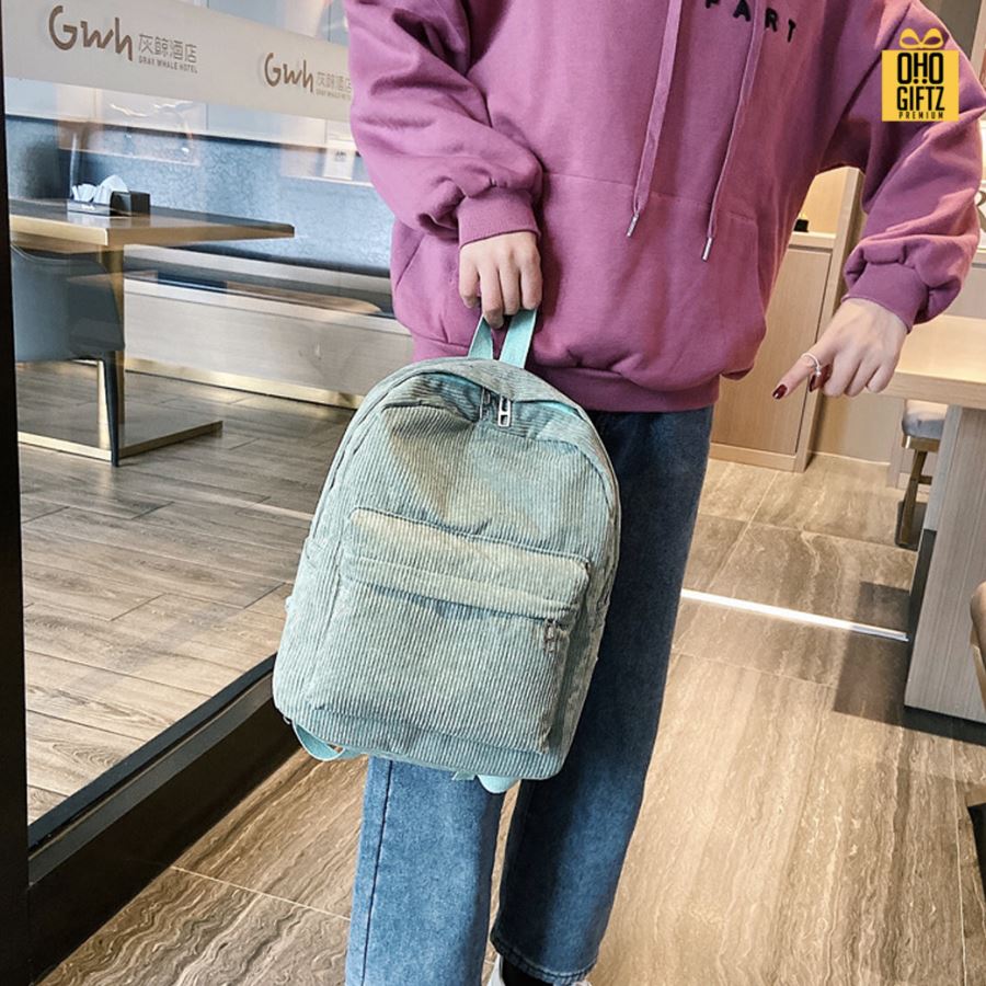 กระเป๋าเป้แฟชั่นผ้าลูกฟูก สกรีนโลโก้ ทำเป็นของพรีเมี่ยม