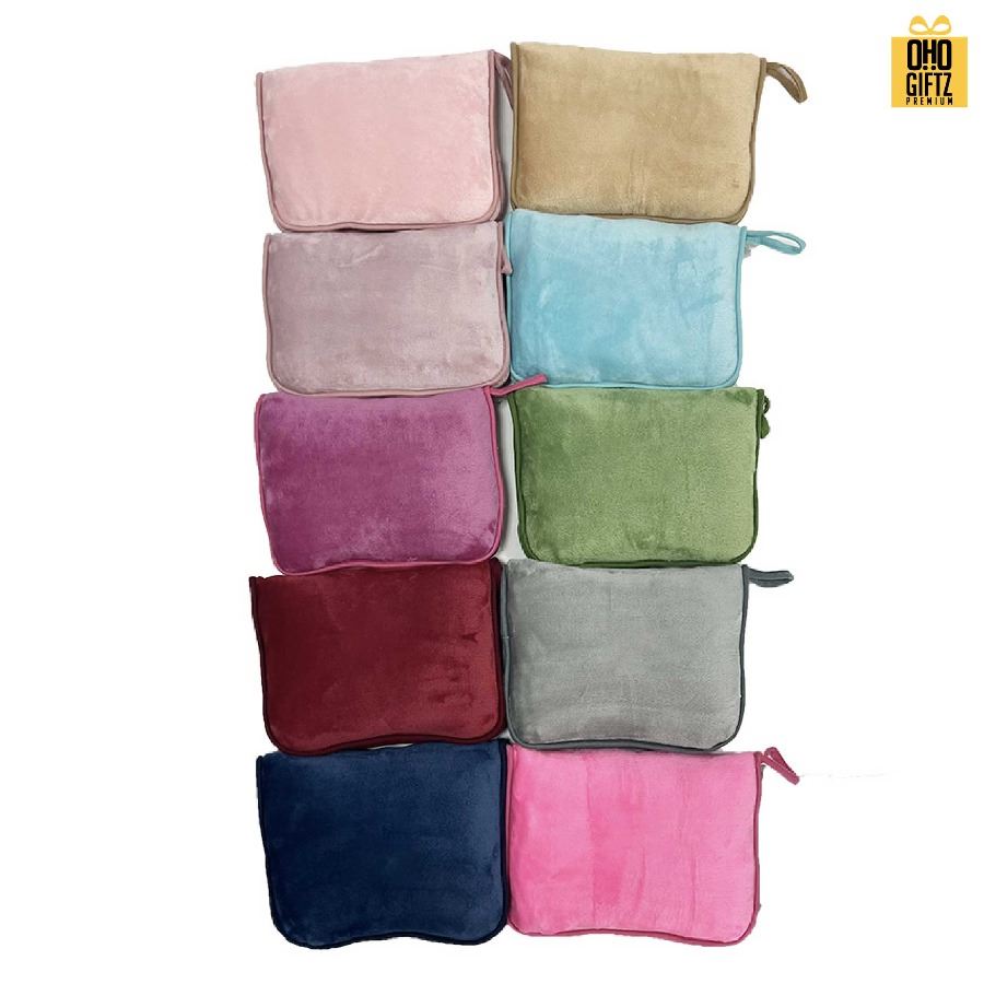 ผ้าห่มสำหรับเดินทางพับได้ ผลิตโลโก้ ติดลาเบล ทำเป็นของพรีเมี่ยมได้