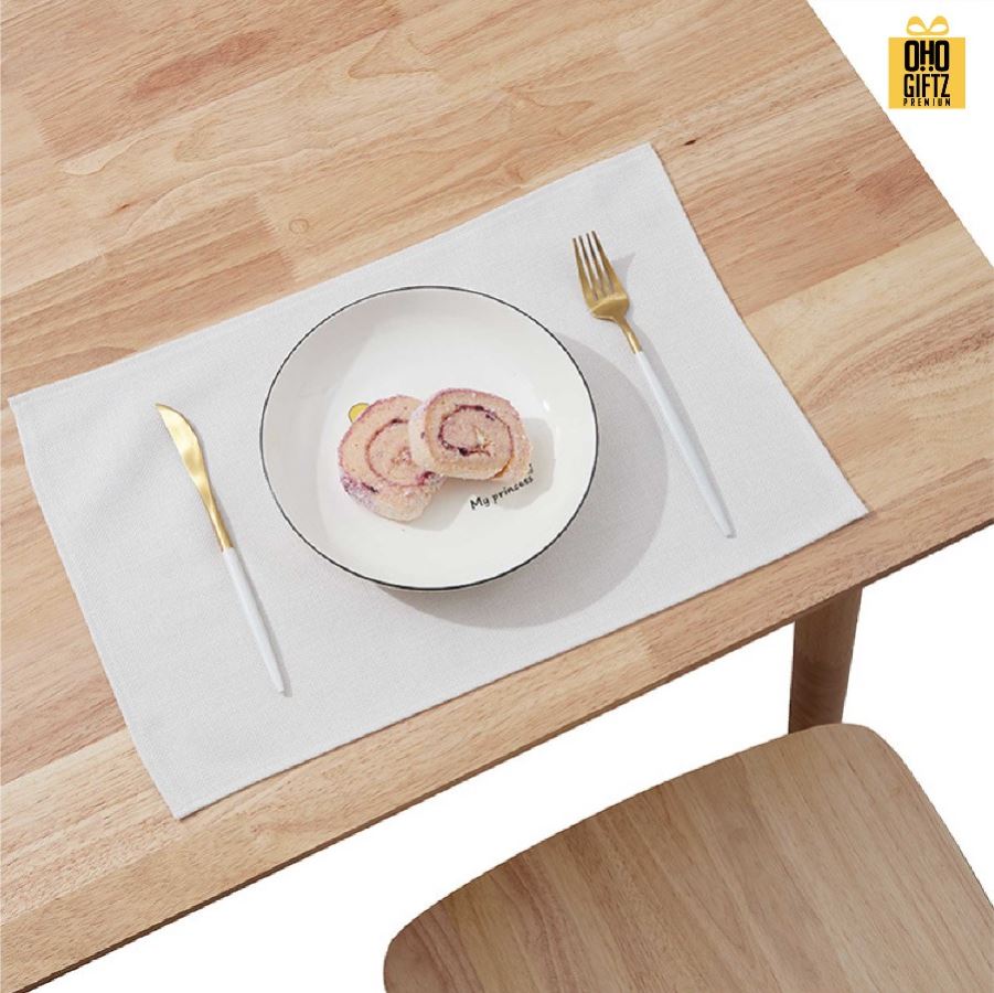 แผ่นรองจานผ้าฝ้ายและผ้าลินิน พิมพ์ภาพไม่จำกัดสี สกรีนชื่อ ทำเป็นของพรีเมี่ยมได้