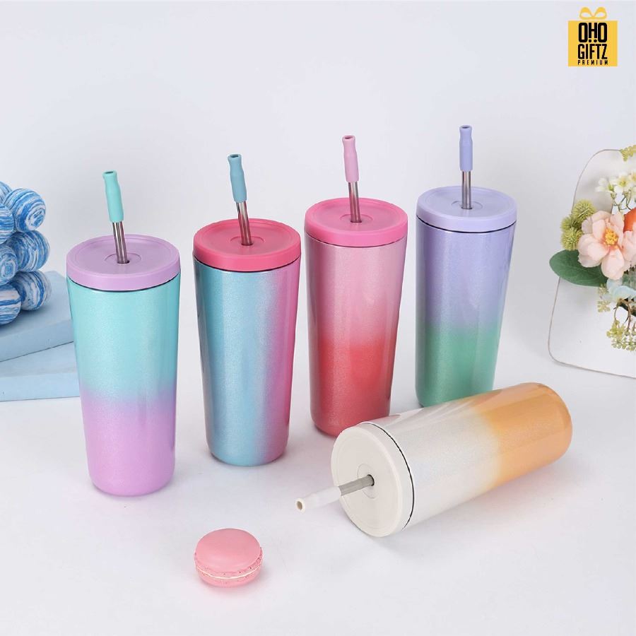 แก้วสแตนเลสสีทูโทน พร้อมหลอด สกรีนโลโก้ ทำเป็นของพรีเมี่ยมได้