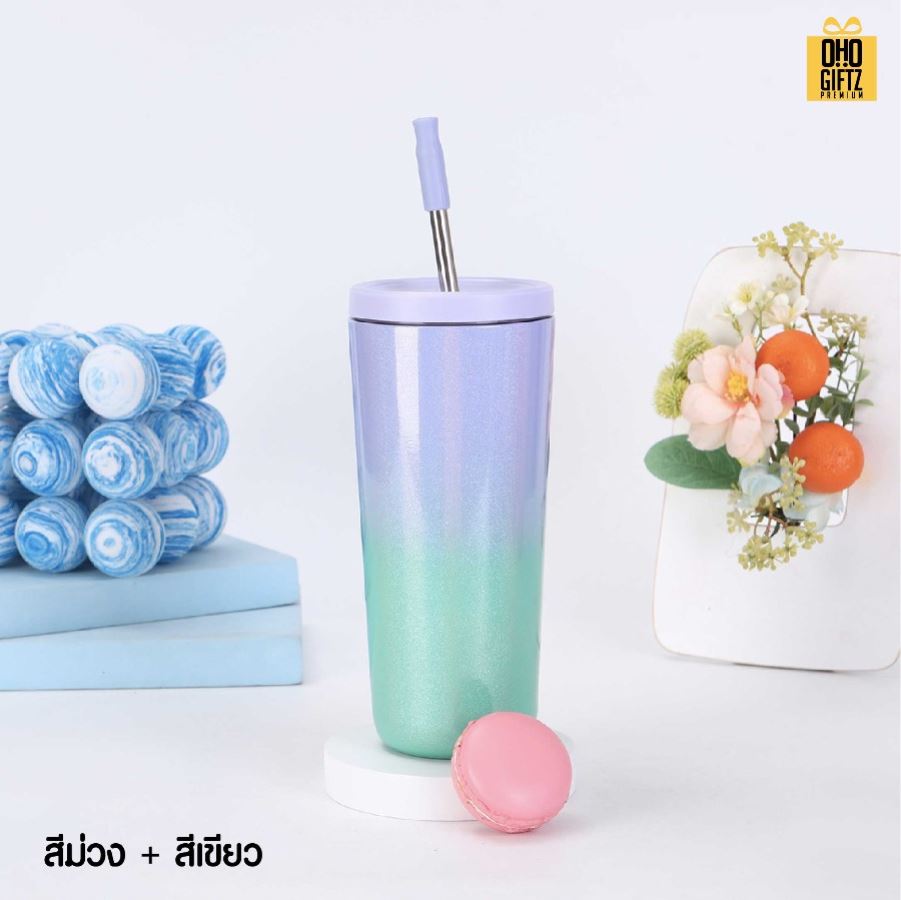 แก้วสแตนเลสสีทูโทน พร้อมหลอด สกรีนโลโก้ ทำเป็นของพรีเมี่ยมได้