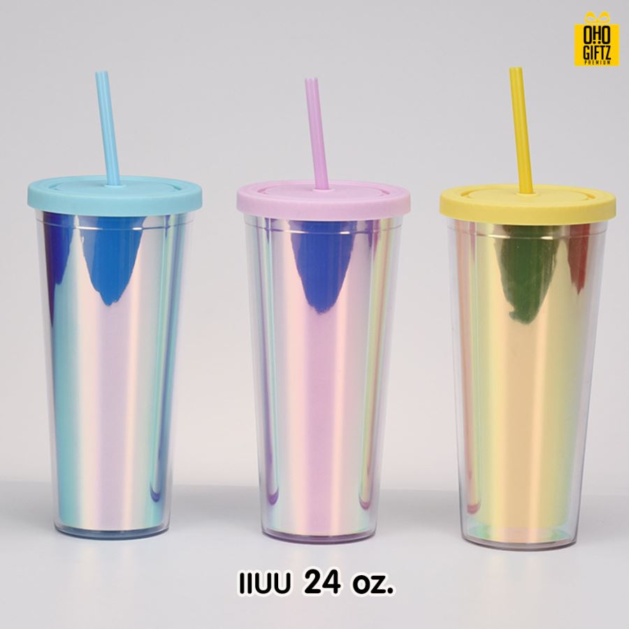 กระบอกน้ำพลาสติกพร้อมหลอด สกรีนโลโก้ ทำเป็นของพรีเมี่ยมได้